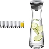 WMF Easy Plus Saftgläser Set 6-teilig, Gläser 250 ml, Kristallglas spülmaschinengeeignet, bruchsicher & Basic Wasserkaraffe aus Glas, 1 Liter, Glaskaraffe mit Deckel, Silikondeckel, CloseUp-V