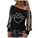 XUNN Damen Tops Printed Strass Schulterfrei Spitze T-Shirt Longshirt Schulterfrei Tshirt Nettogarn Langarm Shirt Bluse Tunika Casual Ob