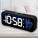 FRECOO Digitaler Wecker mit Große LED Temperaturanzeige, Tischuhr Spiegelalarm mit Dual Alarm Snooze, Sprachsteuerung Funktion, 4 Helligkeit und Lautstärke Regelbar (Schwarz)