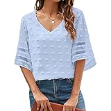 NPRODLO Damen Sommer Oversized Kurzarm Tiefer V-Ausschnitt Aushöhlen Spitze Polka Dots Chiffon Jacquard Stickerei Crop Tops Bluse Frauen Casual Mode Elegant Basic Lose Bequem Leichte T-Shirts H