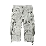 Herren 3/4 Cargo-Shorts Aus Baumwolle Lässige Capri Long Twill Shorts Mit Mehreren Taschen Locker Geschnittene Outdoor-Shorts Unter Dem Knie (Hellgrau,31)