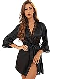 DIDK Damen Morgenmantel Bademantel Satin Sexy Kimono Kurz Robe Hausmantel mit Gürtel Nachthemd für Braut Nachtwäsche mit Blumenspitze Schwarz S