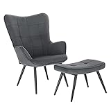 WOLTU Relaxsessel Lehnstühle Vintager Retro Sessel Polstersessel mit Hocker Fernsehsessel Ohrensessel Cordsamt Dunkelgrau SKS28dg