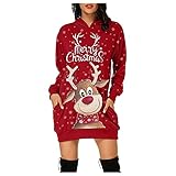 Briskorry Weihnachten Hoodies für Damen Kleid Knielang Langarm Pulloverkleid Vintage Longpullover Rentier Pattern Sweatshirtkleid Herbst Minikleider Partykleid Oberteil Tops Festliche Geschenk
