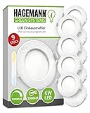 HAGEMANN® 9 x LED Einbaustrahler dimmbar IP44 6 Watt 500lm Ø 105 mm Bohrloch 230V spritzwassergeschützte Badezimmer Einbauleuchte ultra flach 26mm Einb