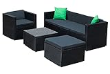 IZER Polyrattan Lounge Farbe: schwarz/dunkelgrau. Gartenmöbel Set für 4-5 Personen. Gartenlounge Set mit Sofa, Tisch, Hocker und S