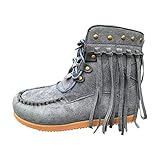 BAOFUBA Damen Stiefeletten mit Absatz Mode Quaste Kurze Stiefel Lässige Flacher Absatz Stiefel Herbst und Winter Kurze Stiefeletten Outdoor rutschfeste Winterstiefel Wildleder Plateau Ankle B