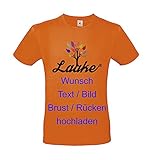 T-Shirt Bedrucken - Text und Bild individuell auf Vorder- und Rückseite Drucken Lassen Frauen und Männer | Personalisiert Farbe orange, Größe M