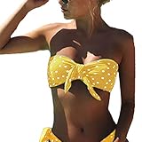 CheChury Damen Bandeau Padded Bikini-Set Trägerlosen Badeanzug Push Up Bandeau Swimsuit Twist Badeanzüge mit Slip,Gelb,L