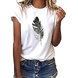 CAOQAO Art- Und Weise Frauen Lose Oansatz-Spitze Der Art- Und Weisefrauen Lose KurzäRmliges Feder Blatt-Druck-T-Shirt Outdoor Kurze ÄRmel(S,White)