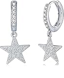 Stern Creolen Ohrringe Silber Hängend Ohrringe CZ Hänge Creolen Stern mit Anhänger Cartilage Hängende Huggie Schmuck für Damen Mädchen Teenager (Star-B)