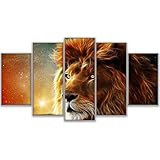 Bilder 150x80cm 5 Teilig Löwe Tier Leinwandbilder Bild auf Leinwand Modern Kunstdruck Wandbilder XXL für Wohnzimmer Dekoration Wand B