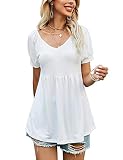 Tunika Damen Tshirt Kurzarm, Falten Tunika Oberteile, T-Shirt Damen V-Ausschnitt Tunika Langam/Kurzarm Tops(White, XXL)