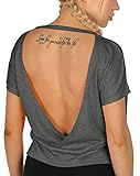 icyzone Damen T-Shirt Rückenfrei Sport Kurzarmshirt Loose Casual Oberteile Yoga Top (M, Dunkelgrau)