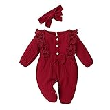KIMODO Strampler + Stirnband Baumwolle und Leinen Einteiler Sommer Romper Bodysuit Baby Mädchen Jumpsuit Spitze Romper Outfits Playsuits Overall (A-Rot, 6-12 Monate)