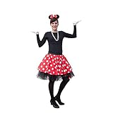 Oblique Unique® Damen Maus Mouse Kostüm Rot Weiß Schwarz mit Rock Gepunktet + Perlen Kette + Maus Ohren Haarreifen mit Schleife + Handschuhe + Overknee Strümpfe für Fasching Karneval Motto Party