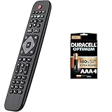 One For All Philips TV Fernbedienung Funktioniert mit Allen Philips TV/Smart TV + Duracell NEU Optimum AAA Micro Alkaline Batterien, 1.5V LR03 MX2400, 4er-Pack