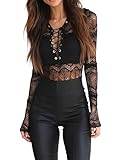Simplee Apparel Damen Bodysuit Sexy Langarm V-Ausschnitt Lace up Spitze Transparent Bodysuit Langarmshirts Oberteile Schw
