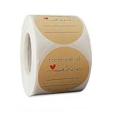 500 Stück Kraftpapier Aufkleber, 5cm Aufkleber Etiketten Rund Selbstklebend Homemade with Love Geschenkaufkleber Geschenksticker für Backen Geschenktüten Karte Briefumschlag H