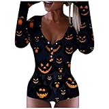 BIBOKAOKE Jumpsuit Damen Einteiler Pyjama Halloween Kürbis Druck Langarm Schlafanzug Mädchen Butt Button Back Flap Jumpsuit Onesie Overall Hausanzug Bodycon Strampler Funktionale O