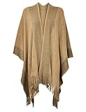 ZLYC Damen Herbst/Winter Weiche Schlichte Poncho Capes Retro - Stil Cardigans Pullover Mantel mit Fransen (Camel)