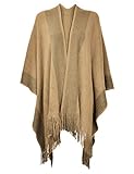 ZLYC Damen Herbst/Winter Weiche Schlichte Poncho Capes Retro - Stil Cardigans Pullover Mantel mit Fransen (Camel)