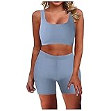 CEFGR Damen Trainingssets 2-Teiliges Nahtloses Geripptes Trägershirt mit Hoher Taille Yoga-Outfits Trainingsanzüge (Blau, L)