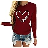 Sonojie 2021 Neue Damen Einfarbig Elegant Herbst Winter Langarm Sweatshirt mit Herz Drucken Motiv Rundhals T-Shirt Oberteile Pulli Mode Bequeme Streetwear Langarm-Oberteil Valentinstag