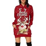 Hanxiulin Weihnachts Pullover Kleid 3D Gedruckt Weihnachtspullover Weihnachtspulli Sweatshirt Pulli Mini KleidMuster Print Weihnachten Pullover weihnachtsmann kostüm Nikolaus kostüm faschingskostü