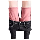 KUION Damen Winter Jeans Fleece Gefütterte Denim Leggings Hohe Taille Stretch Thermojeans Slim Fit Straight Hose Winter Verdickte Gummizug Band Jogger Training