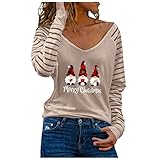 Timitai Damen Casual Christmas Print Frohe Weihnachten Stitching Stripe Langarm V-Ausschnitt T-Shirt Top Damen Herbst Top