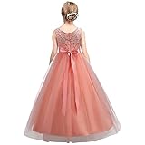 HUAANIUE Mädchen Kleider Prinzessin Hochzeit Abendkleid Kinder mit Schleife Spitzen,Pfirsich,5-6 Jahre(Etikett 120)