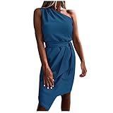 KIMODO One-Shoulder Freizeitkleider Strandkleider Einfarbig Damen T-Shirt Tunika Kleider Casual Lässiges Taillentasche Hüftkleid Sommerkleider (B-Blau, S)