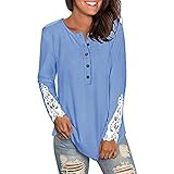 Kookmean Langarm-Tops für Frauen, Frauen Spitze Ärmel Top Tunika Rundhals Button Down Tunika Weich Sweatshirt Pullover, hellblau, Larg