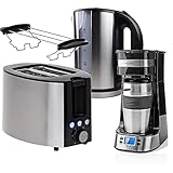 TronicXL 1 Tassen Kaffeemaschine mit Thermobecher + 2-Schlitz Toaster 1000W mit Brötchen-Aufsatz + Wasserkocher Frühstück-Set Frühstücks-Set I mit Aufwärm- und Auftau-funktion I Edelstahl Desig