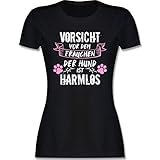 Geschenk für Hundebesitzer - Vorsicht vor dem Frauchen der Hund ist harmlos - Grunge/Vintage - Weiß - M - Schwarz - Rundhals - L191 - Tailliertes Tshirt für Damen und Frauen T-S