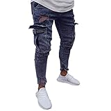 Fannyfuny Mode Herren Destroyed Jeans-Hose mit Taschen Reißverschluss Herren Slim Fit Jeans Denim Used Look Mit Destroyed-Optik Teen Jungen Party Kleidung Hellblau S-XXXXL