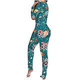 Pyjama Damen, Damen Jumpsuit Pyjama Einteiler Trainingshose Funktioneller Schlafanzug für Erwachsene mit Knopfleiste vorne Elegant Butt Button Back Flap Strampler Langarm Bodycon O