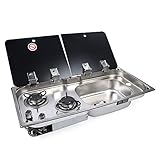 Gaskochfeld, 2 Brenner Gasherd Gasbrenner Gas Spüle Ofen mit Wasserhahn Glasdeckel für Boot Caravan Camper Wohnmobil (30,5 x 14,4 x 5,9 / 4,7 Zoll)