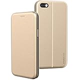 BYONDCASE iPhone SE 2016 Hülle Gold, iPhone 5s Hülle, iPhone 5 Handyhülle [Deluxe Leder Flip-Case Klapphülle] Fullbody 360 Grad Rundumschutz kompatibel mit dem iPhone 5s / 5 / SE2016