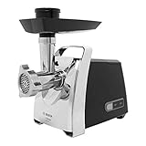 Bosch Fleischwolf ProPower MFW67440, elektrisch, Wurstaufsatz, 3 Edelstahl Loch-Scheiben (3, 4,8 +8mm), Stopfer, Kebbe-Aufsatz, Durchlaufschnitzler, 2000 W Blockierleistung, 700 W, schwarz / silb