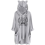 KUDICO Damen Hoodies Sweatshirt Pullover Weihnachten Damen Langarm Print Katzenohren Kapuzenshirt Tunika Top Blusen Gr. XL, Grau4