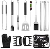 Love begans Grillbesteck 17pcs BBQ Grillbesteck Tool Set Edelstahl Grillset Grillzubehör mit Ofenhandschuhe Fleischthermometer und Pulled Pork Krallen Garten Geschenke fur Männer ​und F