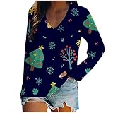 RKaixuni Weihnachts Tshirt Damen Weihnachtspullover V-Ausschnitt Vintage Pullover Schneeflocke Blumen Weihnachten Shirt Sweatshirt Langarmshirt Oberteile Jumper Christmas Streetw