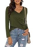 Beluring Damen Langarmshirt V-Ausschnitt T-Shirt Basic Wickeloberteile Baumwolle Olivgrün M