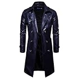 XWLY Lederjacke Herren Herbst Winter Zweireiher Lang Kunstleder Einfarbig Revers Herren Mantel Urban Persönlichkeit Britischer Punk-Stil Männer Langarm Bühnenkostü