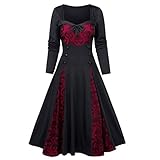 YEBIRAL Damen Übergroßes Gothic Halloween-Kleid, Festlich A-Linie Steampunk Mittelalter Langarm Elegant Skull Spitzen Kleider Halloween Kostüm Maxik