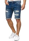 Indicode Herren Caden Jeans Shorts mit 5 Taschen aus 98% Baumwolle | Kurze Denim Stretch Hose Used Look Washed Destroyed Regular Fit Men Short Pants Freizeithose f. Männer Holes - Medium Indigo L