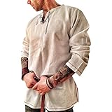 Celucke Herren Mittelalter Leinenhemd Sommer Herbst Hemden Langarm Retro-Kragen mit Schnürung, Männer Freizeithemd Casual Leinen Yoga Shirt Fisherman Sommerhemd (Gelb, XL)