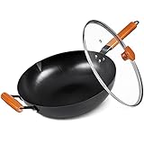 Wok-Pfanne mit Deckel, ohne chemische Rührpfanne Induktion 32,5 cm, Eisentopf aus 100% Kohlenstoffstahl mit abnehmbarem Holzgriff, kratzfestem, flachem Boden für Elektroherd, Induk